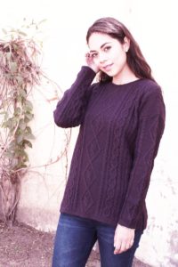 Pure Baby Alpaca Cabled Sweater In Deep Plum