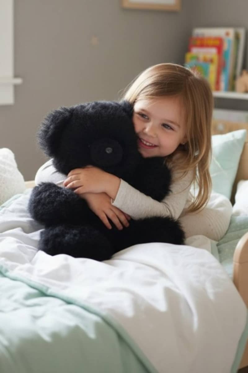 Young girl cuddling a large black teddy bear on a bed, smiling.