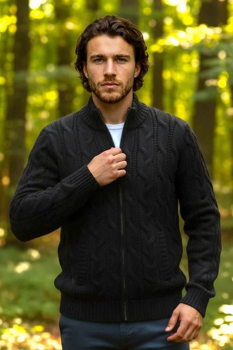 Men's 100% Baby Alpaca Cabled Zip Jacket in Black