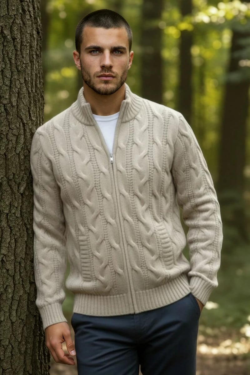 Men's 100% Baby Alpaca Cabled Zip Jacket in beige