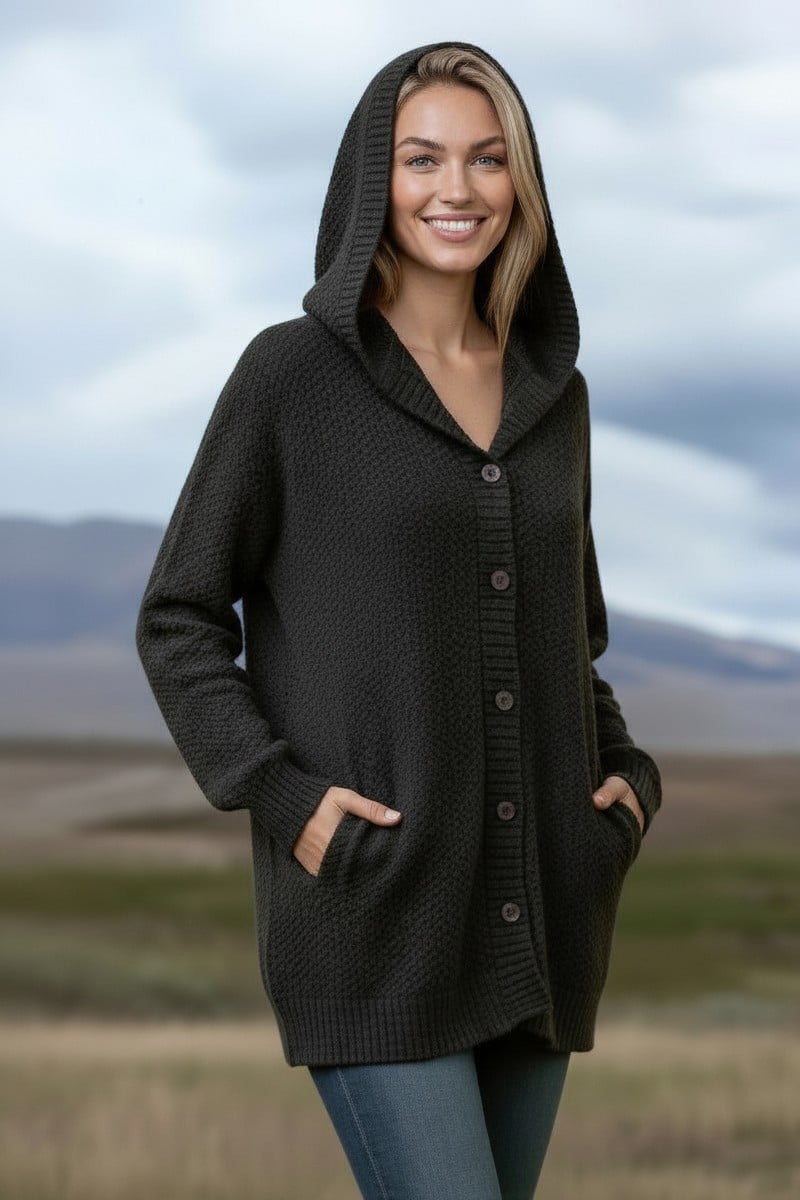 Woman outdoors in a dark knitted cardigan with pockets, smiling at the camera.