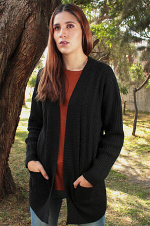 100% Pure Baby Alpaca Cabled Textured Cardigan In Black