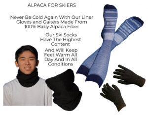 Alpaca products for skiers. Alpaca ski socks, alpaca liner ski gloves, alpaca gaiters