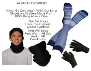 Alpaca products for skiers. Alpaca ski socks. Alpaca liner ski gloves. Alpaca gaiters. Alpaca masks.