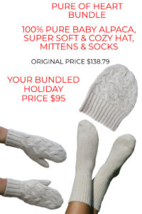Huge savings on our pure baby alpaca hat, mittens and socks bundle