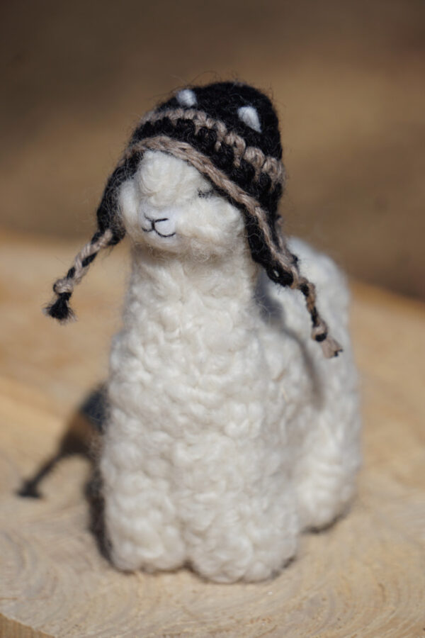 4 1/2 Inch Hand Felted Alpaca Pal With Hand Knit Brown Chullo Hat