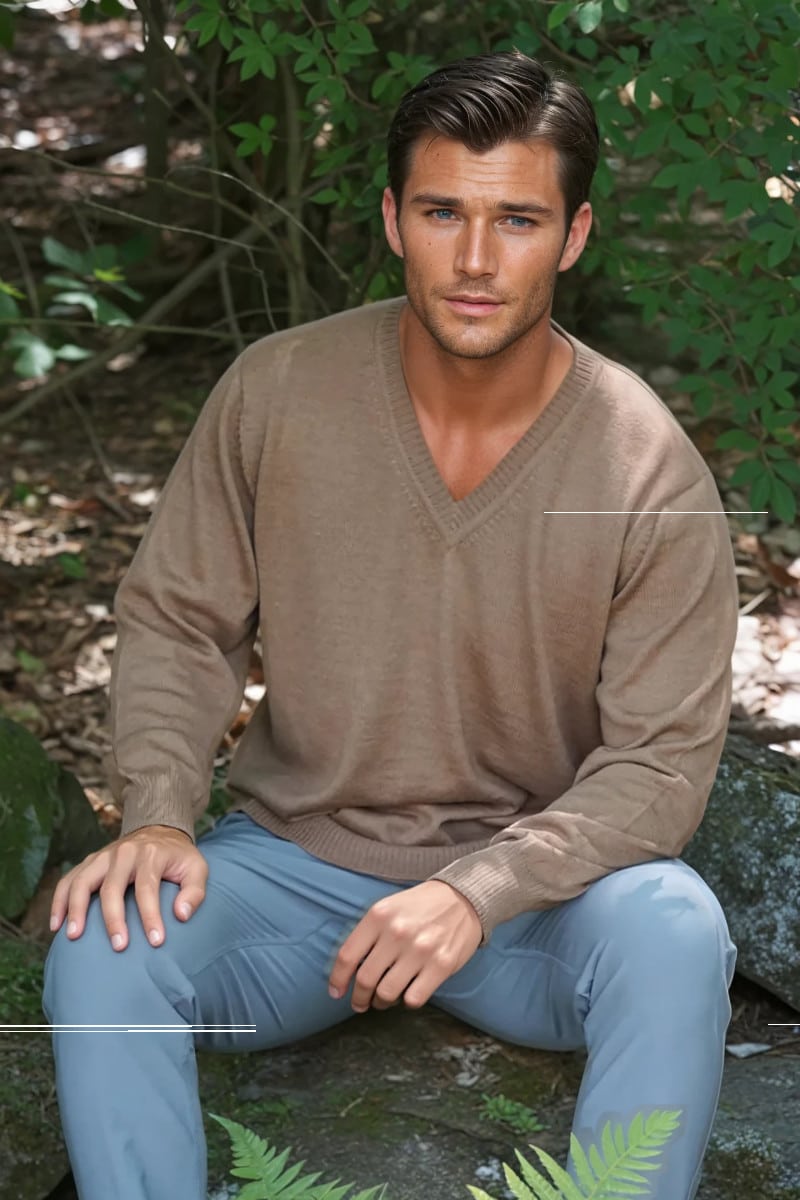 100% Baby Alpaca Men's V-Neck Beige Sweater