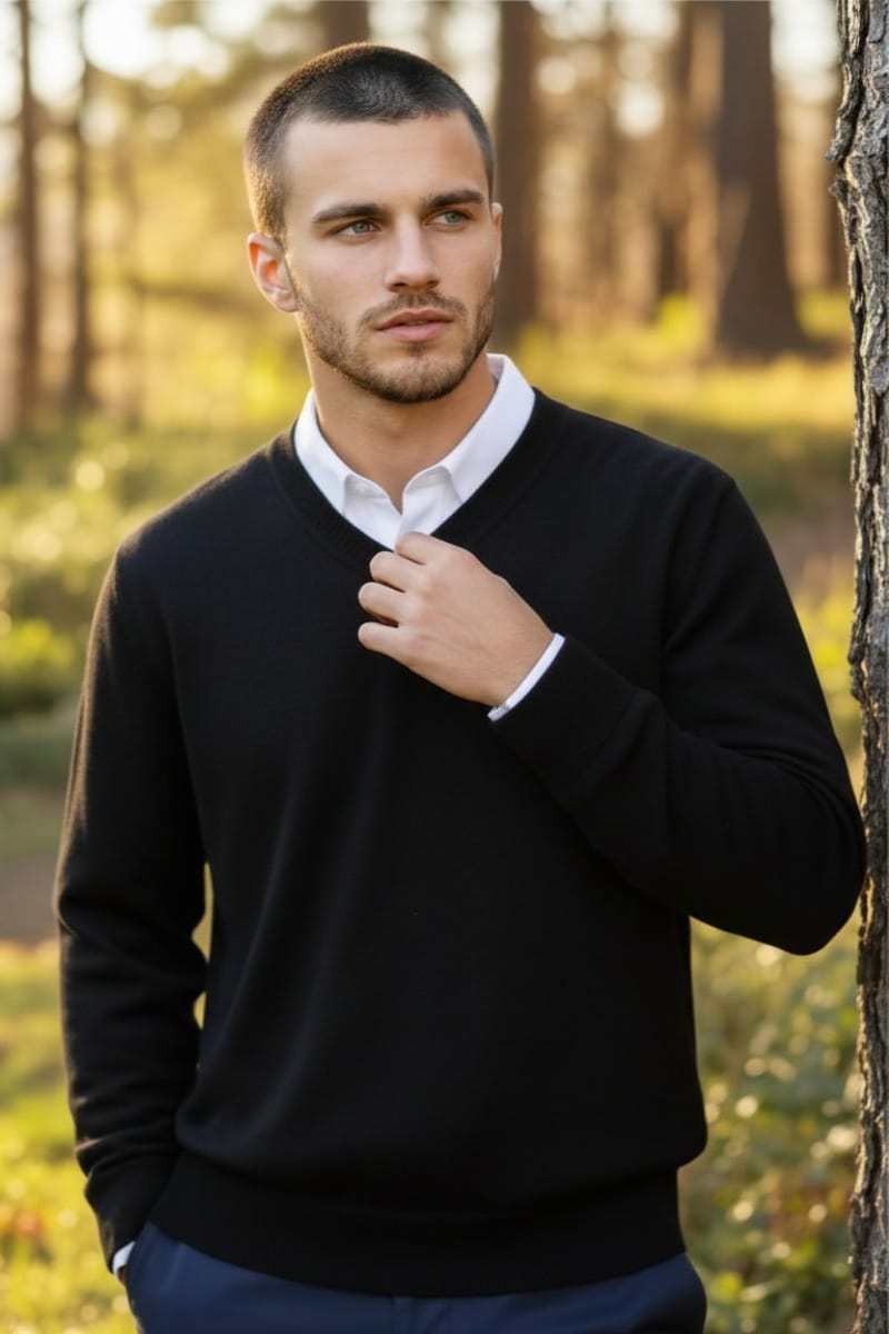 100% Baby Alpaca Men's V-Neck black Sweater