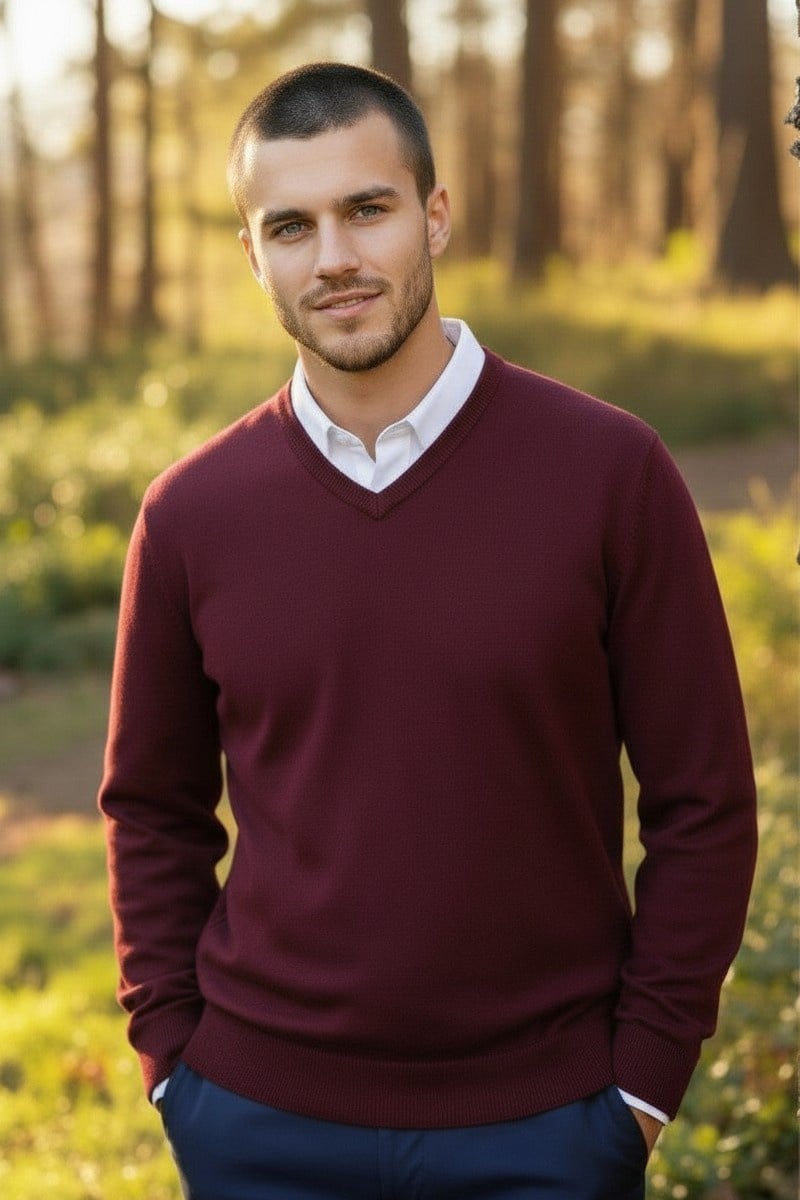 100% Baby Alpaca Men's V-Neck Burgundy Sweater