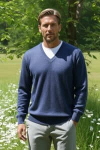100% Baby Alpaca Men's V-Neck Denim Sweater