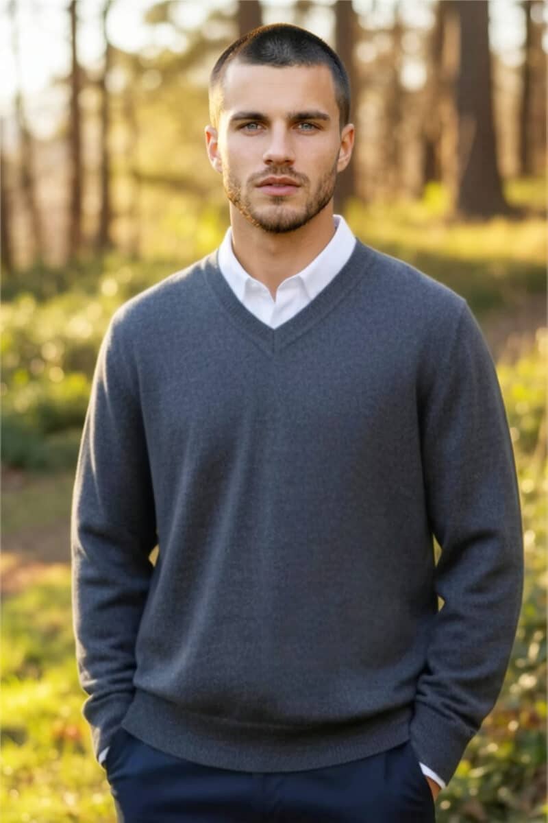 100% Baby Alpaca Men's V-Neck Grey Sweater