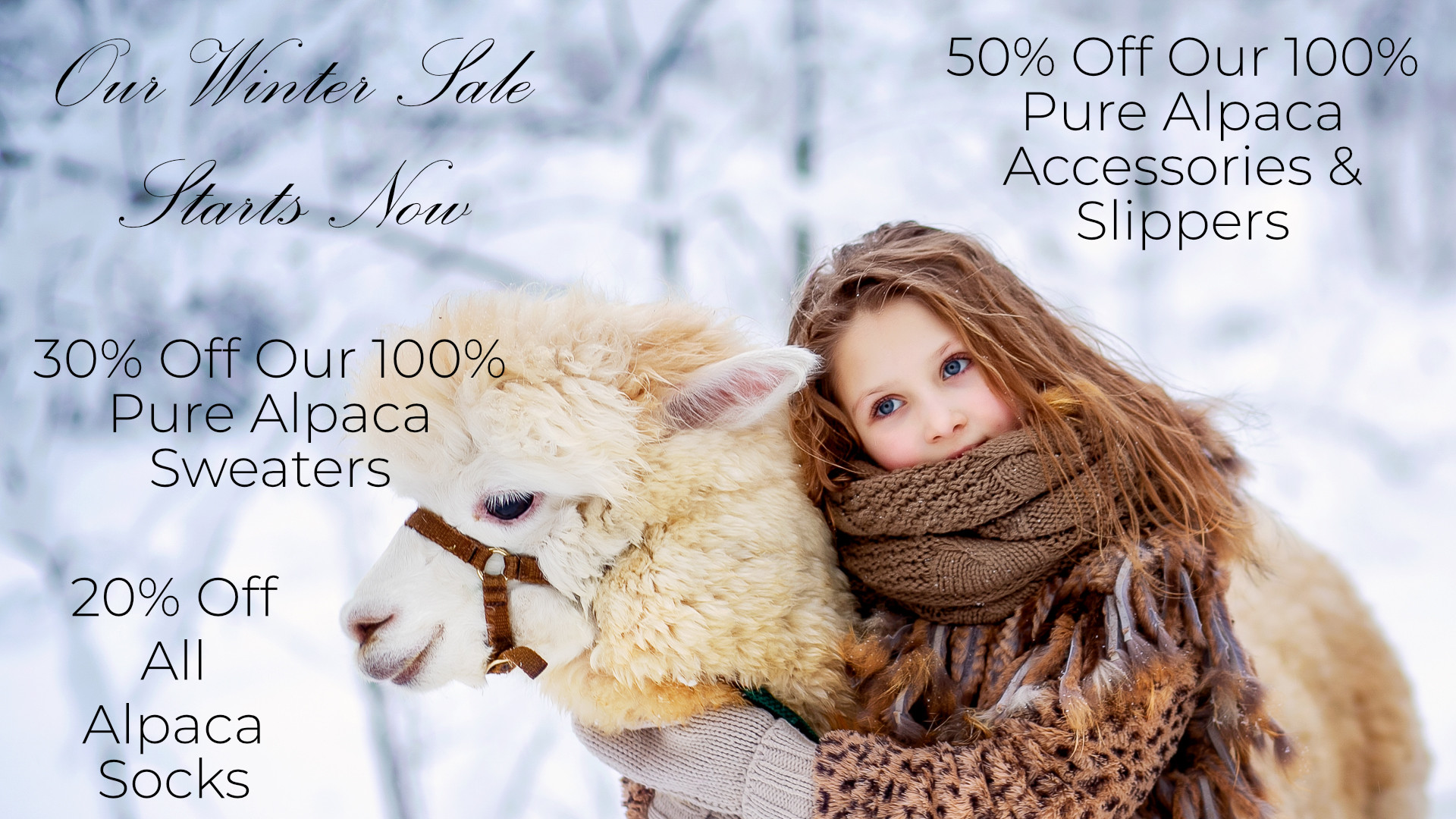 Mt. Caesar Alpacas Winter Sale, 50% Off Accessories, 30% Off Sweaters, 20% Off Alpaca Socks