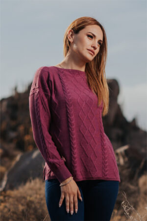 Women's Pure Baby Alpaca Cable Sweater in Dark Rose Quartz