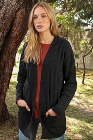 100% Pure Baby Alpaca Mixed Cable and Stitches Cardigan in Black