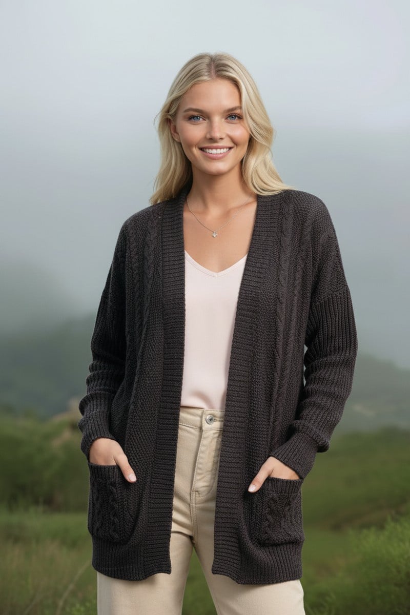 100% Pure Baby Alpaca Mixed Cable and Stitches Cardigan in Black