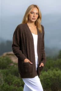 100% Pure Baby Alpaca Mixed Cable and Stitches Cardigan in Dark Rose Grey - Dark Brown with Flecks of Grey