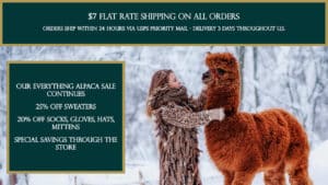 Alpaca Clothing Sale 25% Off Sweaters, 20% Off Socks, Hats, Gloves, Mittens