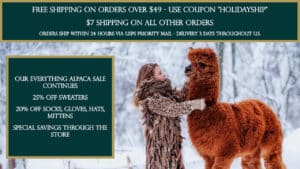 Alpaca Clothing Sale 25% Off Sweaters, 20% Off Socks, Hats, Gloves, Mittens