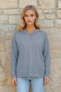 Women's Hi-Lo Hooded Pullover in Stonewash Blue, Made of 100% Pure Baby Alpaca