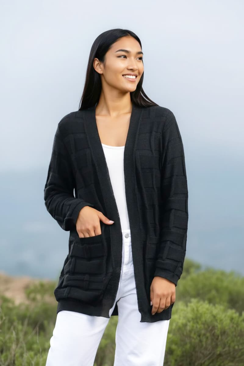 Pure Baby Alpaca Contemporary City Cardigan in Black