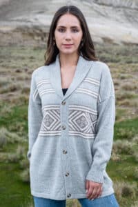 Mt. Caesar Alpacas Aztec design Cardigan, knit in 100% pure baby alpaca. All-natural, undyed in silver grey, fawn and cream colors.