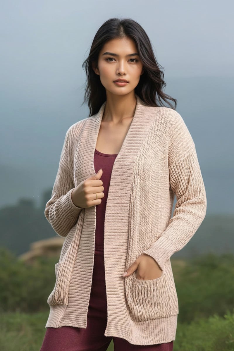 100% Pure Baby Alpaca Women's Rib Cardigan in Creamy Beige