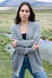 The Everyday Alpaca cardigan is knit from 100% pure baby alpaca fiber.