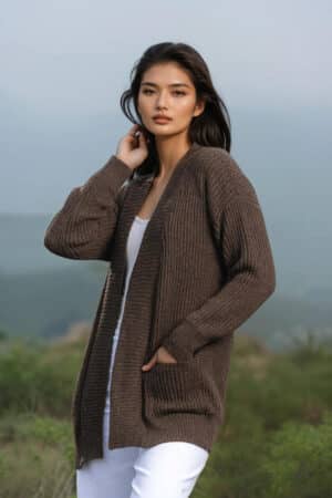 100% Pure Baby Alpaca Women's Open Cardigan in All Natural Dark Rose Grey - Brown with Flecks of Grey