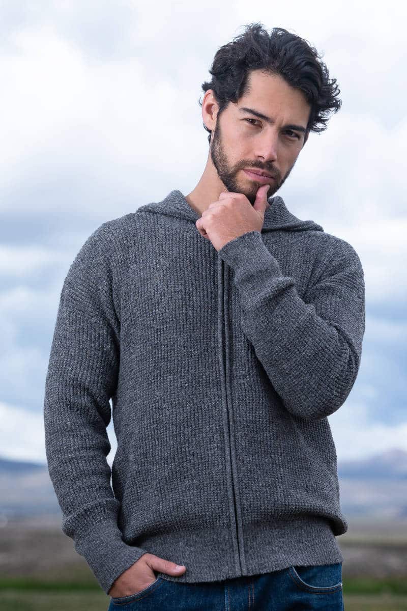 Mt. Caesar Alpacas Men's Baby Alpaca Waffle Knit Zippered Hoodie is knit of 100% pure baby alpaca.