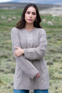 All-Natural, undyed, pure baby alpaca pullover in rose grey.