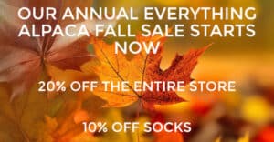 Save 20% on alpaca sweaters and accessories. Save 10% on alpaca socks