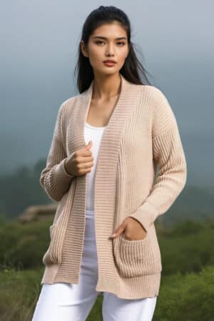 100% Pure Baby Alpaca Women's Rib Cardigan in Creamy Beige