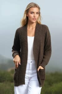 100% Pure Baby Alpaca Women's Rib Cardigan in All Natural Dark Rose Grey