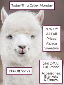 Now through Cyber Monday alpaca sweaters 30% off, alpaca socks 10% off, alpaca accessories and blankets 25% off.