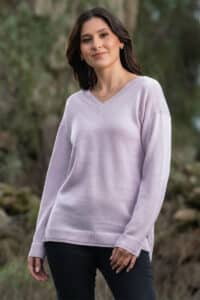 100% Pure Baby Alpaca Women's V-Neck in Orchid Ice