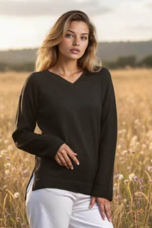 100% Pure Baby Alpaca Women's V-Neck in Black