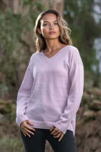 100% Pure Baby Alpaca Women's V-Neck in Orchid Ice