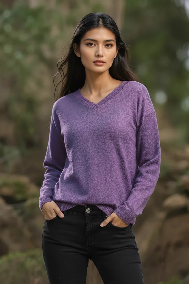 100% Baby Alpaca Women's Hi-Lo V-Neck in Plum. Also available in several other colors.