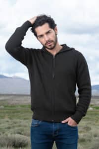 100% Pure Baby Alpaca Men's Waffle Stitch Zip Hoodie in Black