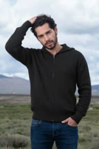 100% Pure Baby Alpaca Men's Waffle Stitch Zip Hoodie in Black