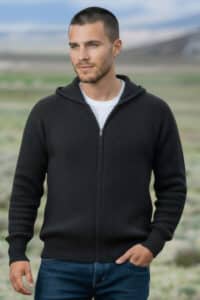 100% Pure Baby Alpaca Men's Waffle Stitch Zip Hoodie in Black