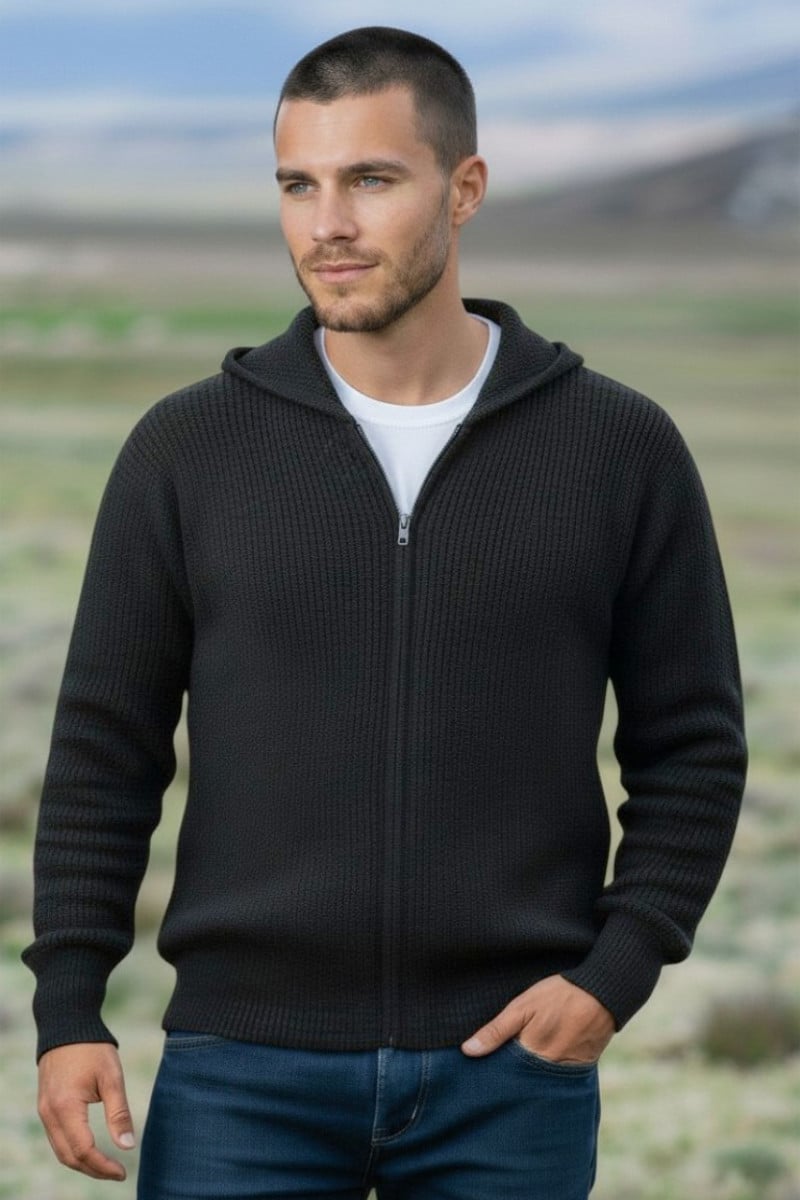 100% Pure Baby Alpaca Men's Waffle Stitch Zip Hoodie in Black