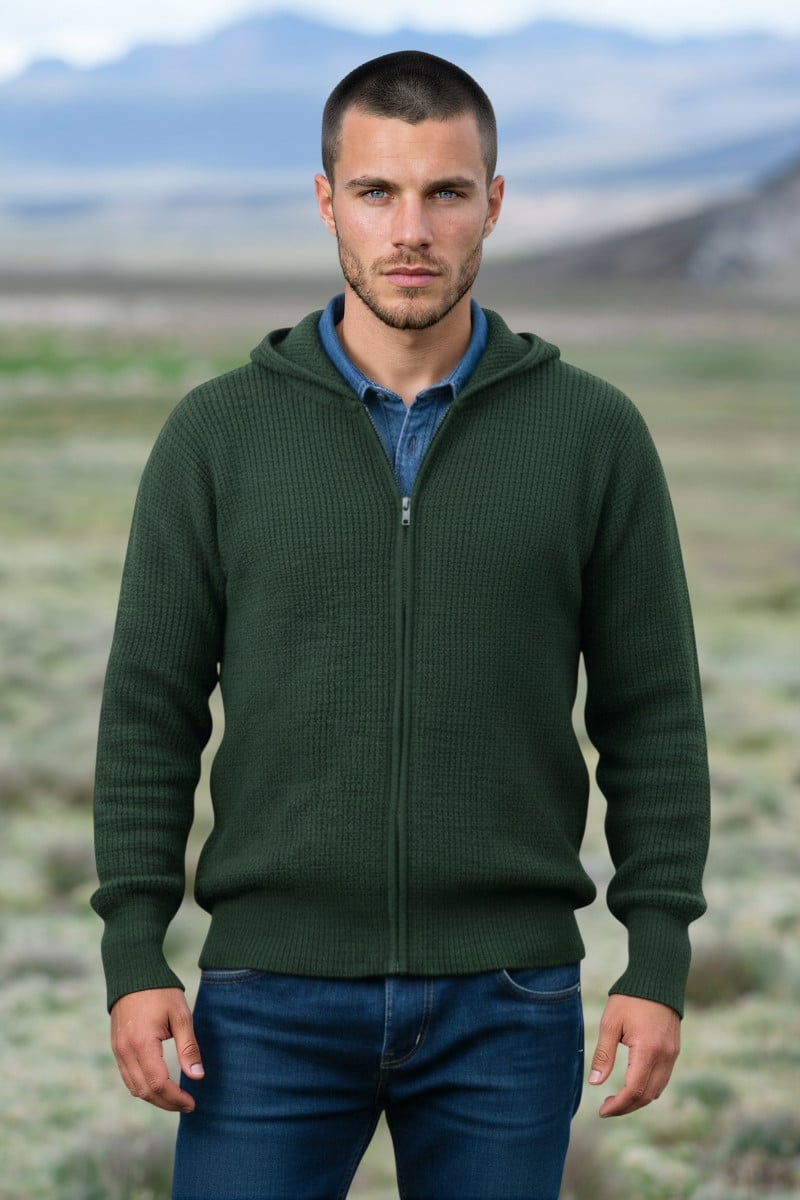100% Pure Baby Alpaca Men's Waffle Stitch Zip Hoodie in Deep Forest