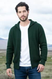 100% Pure Baby Alpaca Men's Waffle Stitch Zip Hoodie in Deep Forest