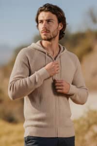 100% Pure Baby Alpaca Men's Waffle Stitch Zip Hoodie in Light Rose Grey