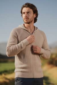 100% Pure Baby Alpaca Men's Waffle Stitch Zip Hoodie in Light Rose Grey