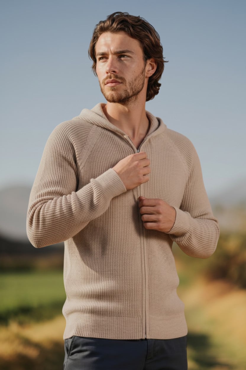 100% Pure Baby Alpaca Men's Waffle Stitch Zip Hoodie in Light Rose Grey