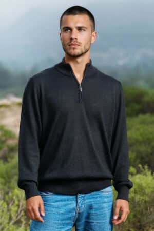 100% Pure Baby Alpaca Mens Quarter Zip in Black