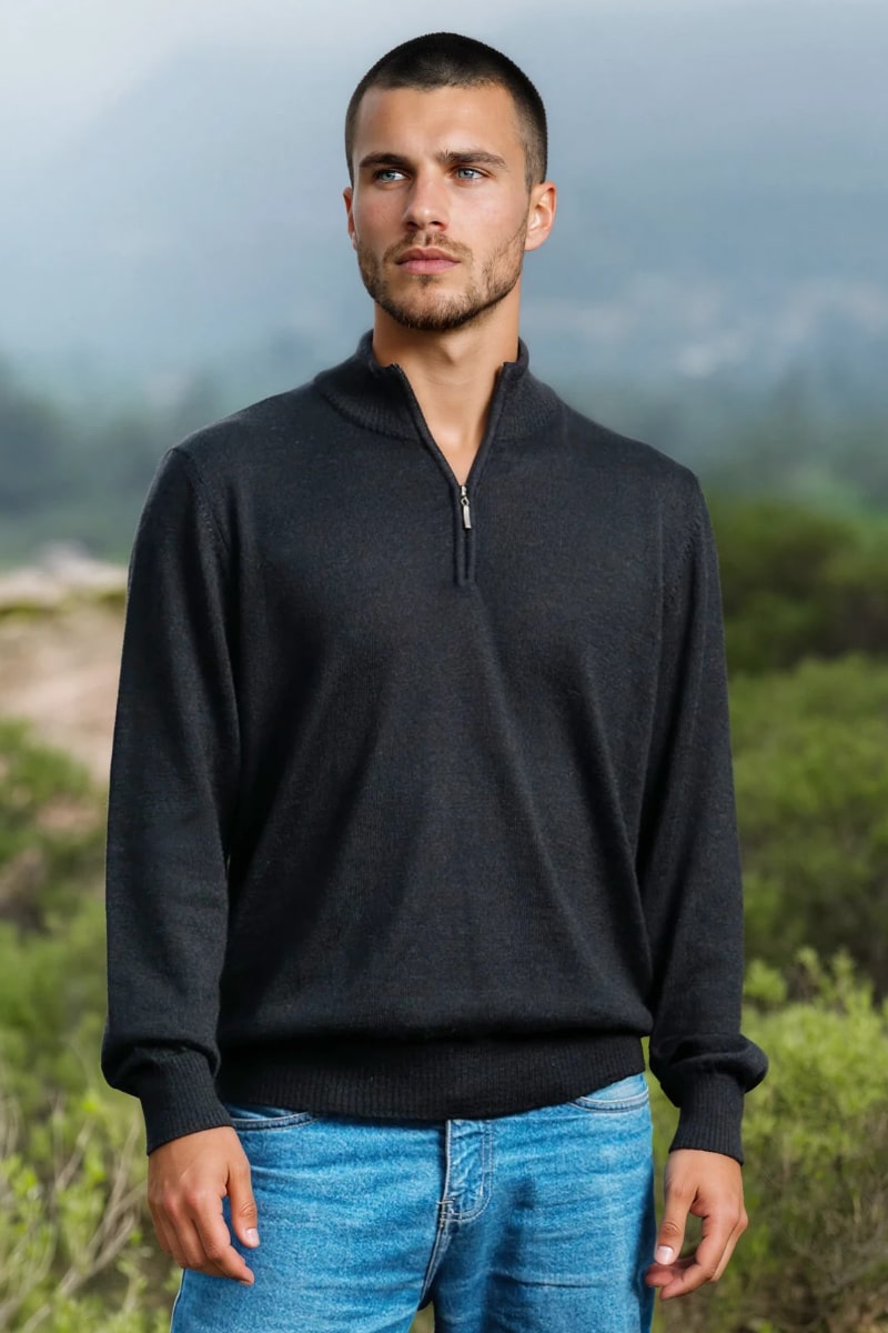 100% Pure Baby Alpaca Mens Quarter Zip in Black