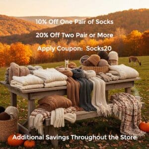 Thanksgiving Sale Throughout the store. 20% off alpaca socks, Sale on alpaca sweaters, and other alpaca fashion